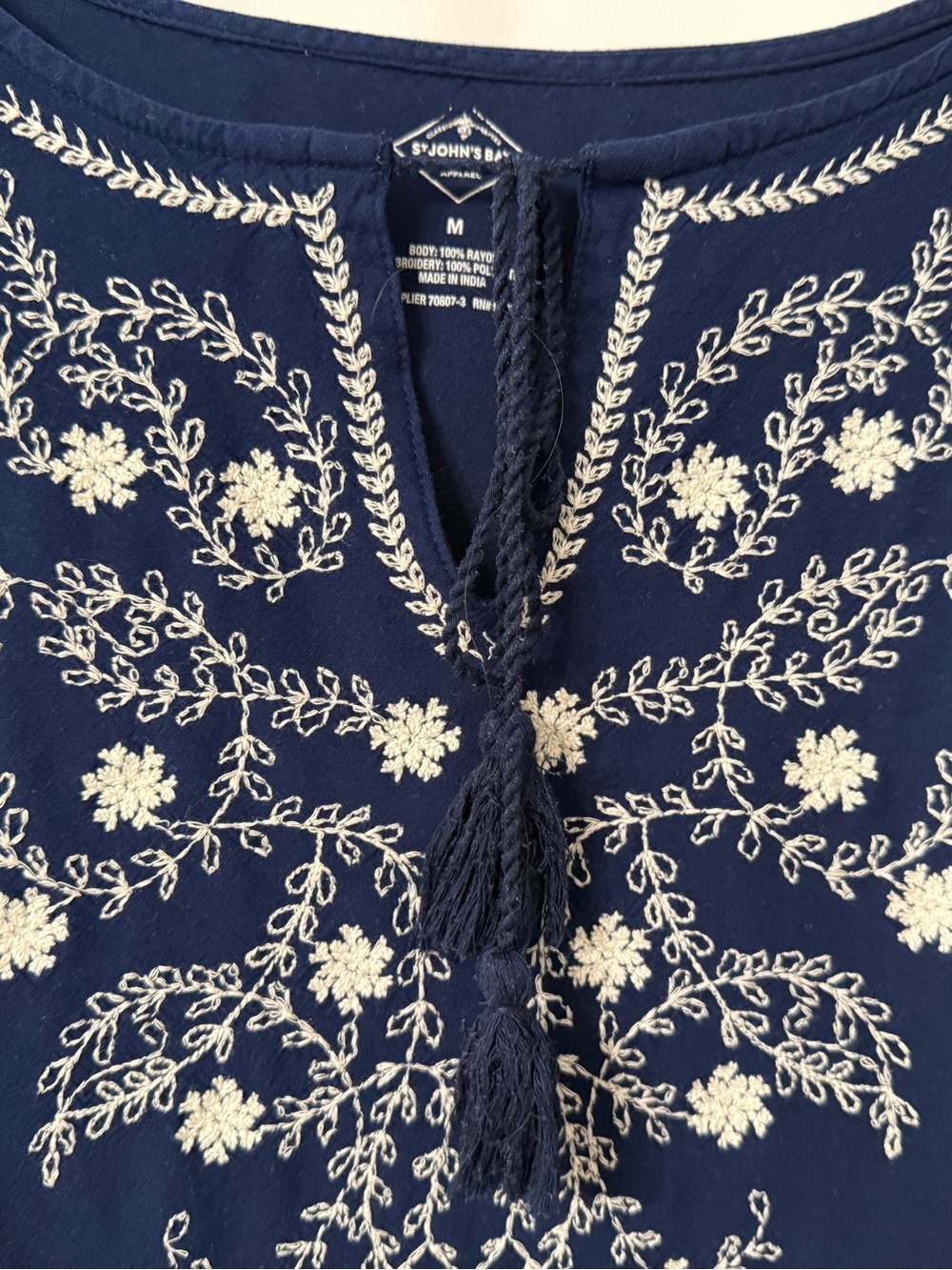 St. John’s Bay Navy Embroidered Boho Peasant Coastal Top Tassel Flutter Sleeve M - Picture 11 of 17